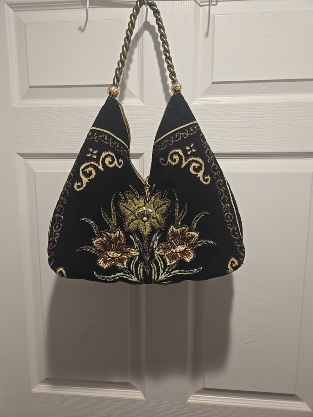 Vintage Original by Sharif Beaded Dragon Triangle Hobo 90's Carpetbag